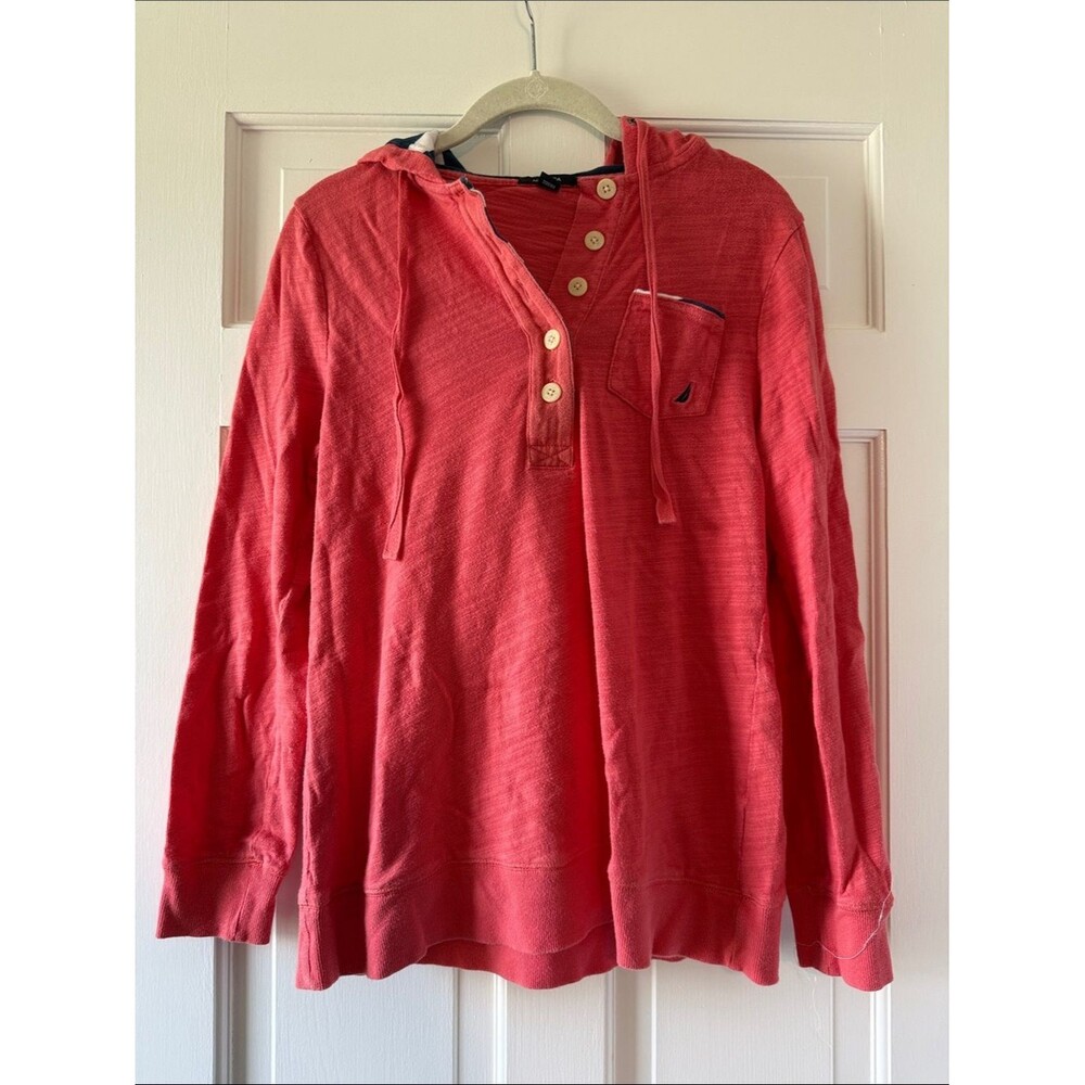 NAUTICA Coral Navy Weathered Hoodie Sweatshirt Coverup Beachy nautical Large